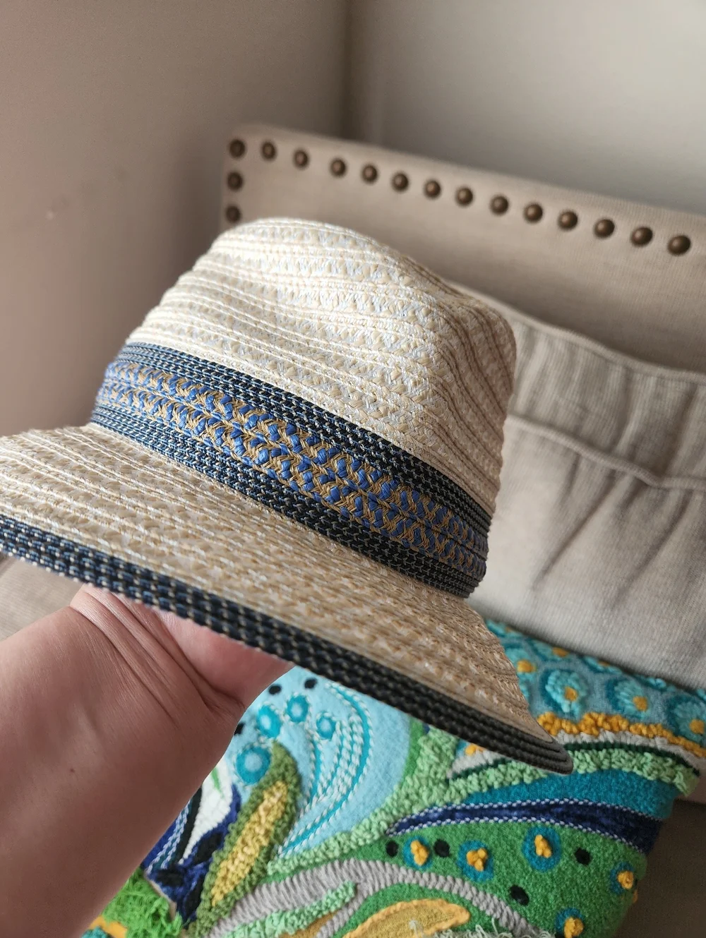 Straw Boater Hat with Navy Accent - Picture 3 of 10